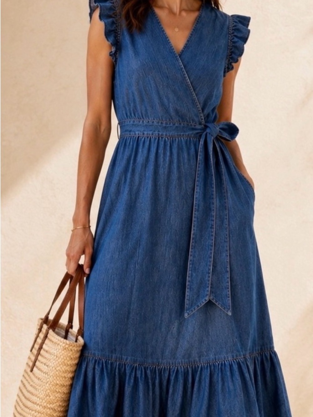 J. Crew Denim Wrap Maxi Dress with Tie Waist - Picture 2 of 10